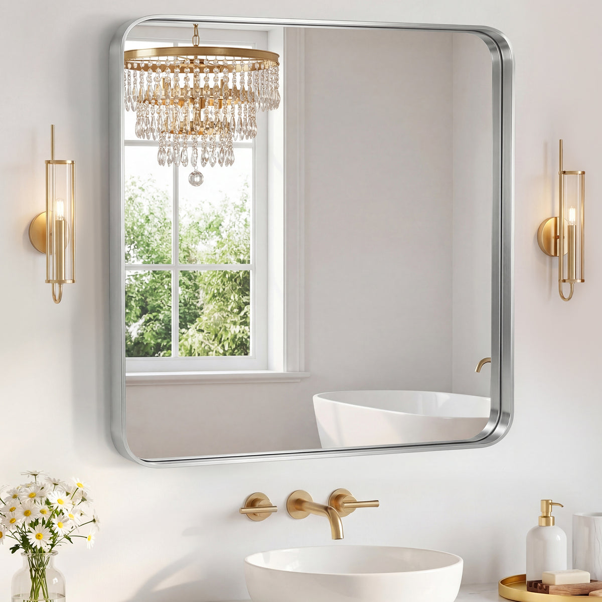 Rectangular bathroom mirror with rounded corners and metal frame — product view 13