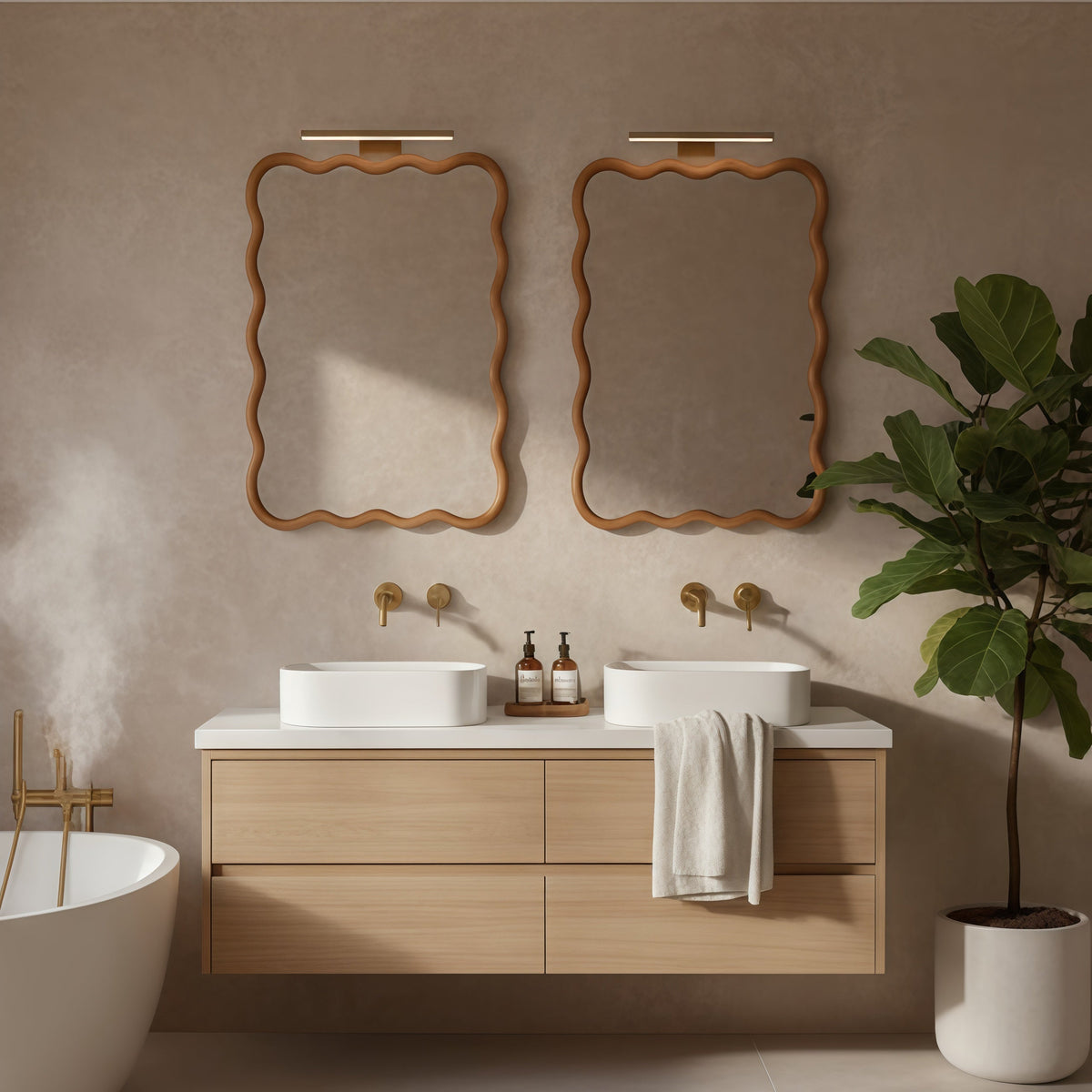Large wavy rectangular solid wood mirror for bathroom vanity