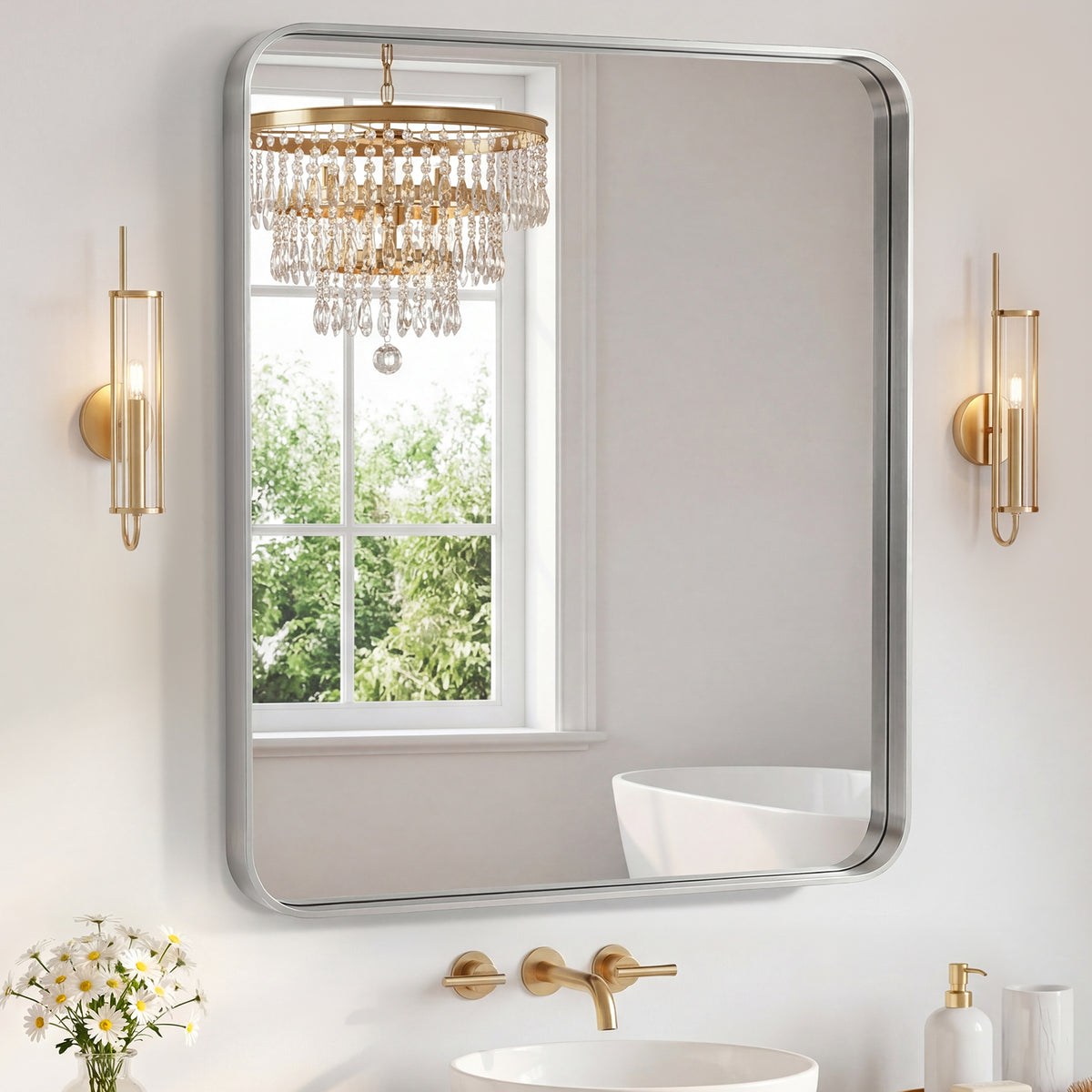 Rectangular bathroom mirror with rounded corners and metal frame — product view 14