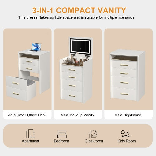 White vanity desk with three drawers and glass top