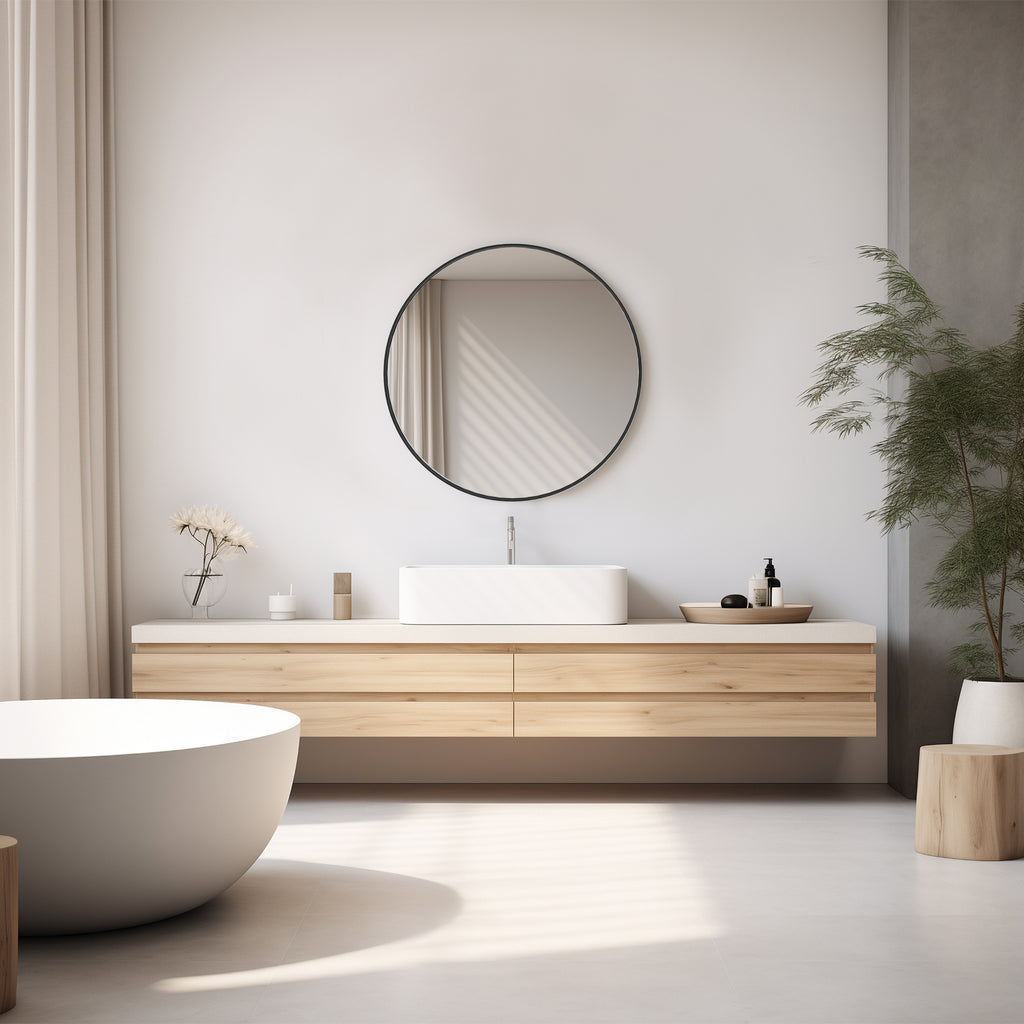 Round bathroom mirror shown in a modern interior