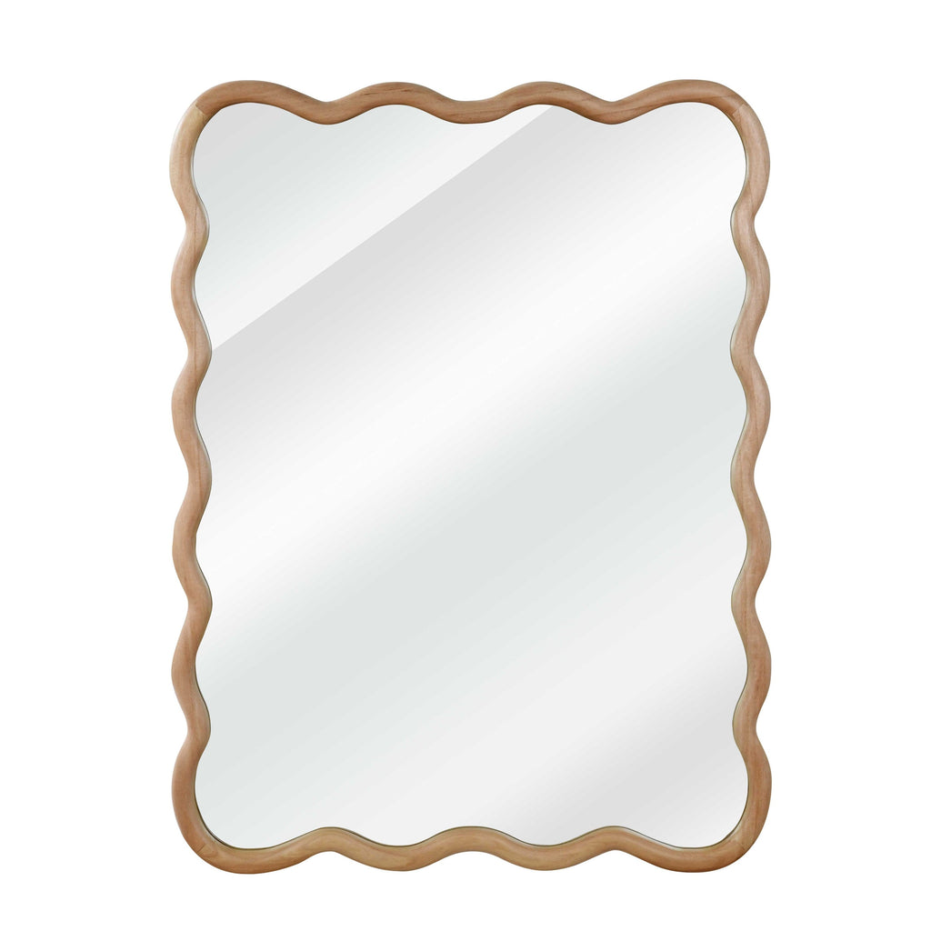 Wood-frame wavy bathroom mirror shown in a modern interior