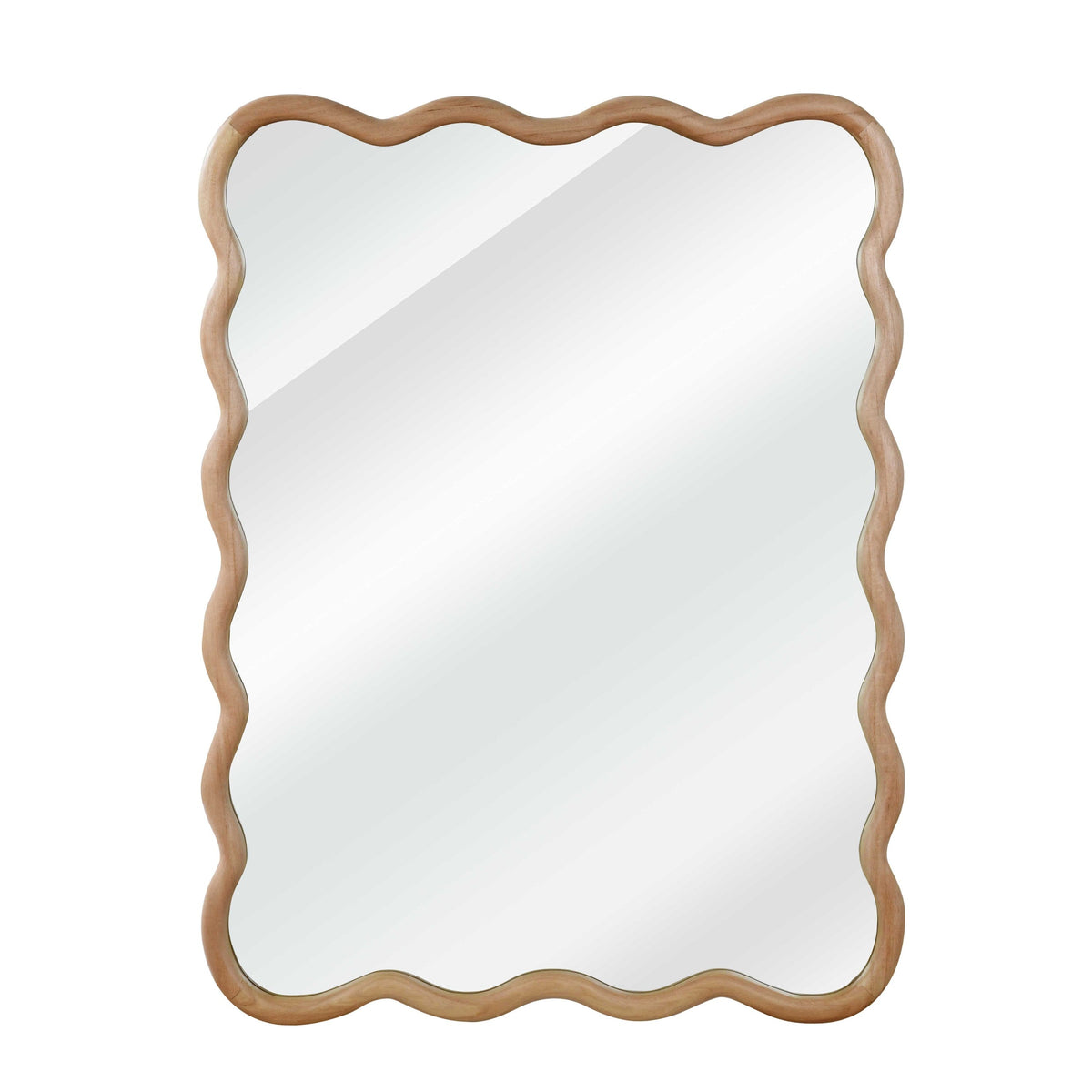 Wood-frame wavy bathroom mirror shown in a modern interior