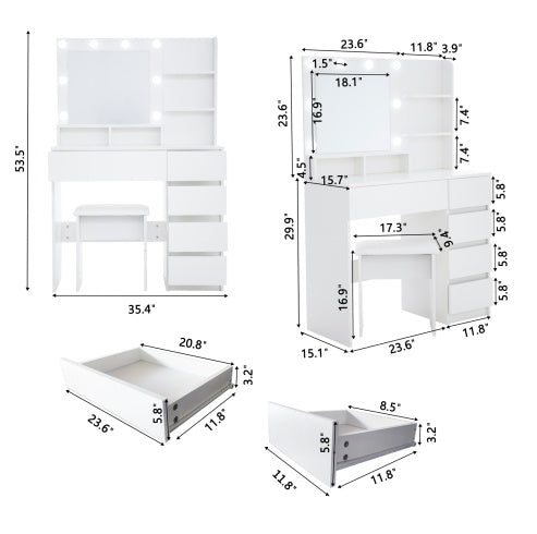 37-inch white vanity table with Hollywood-style lighted mirror
