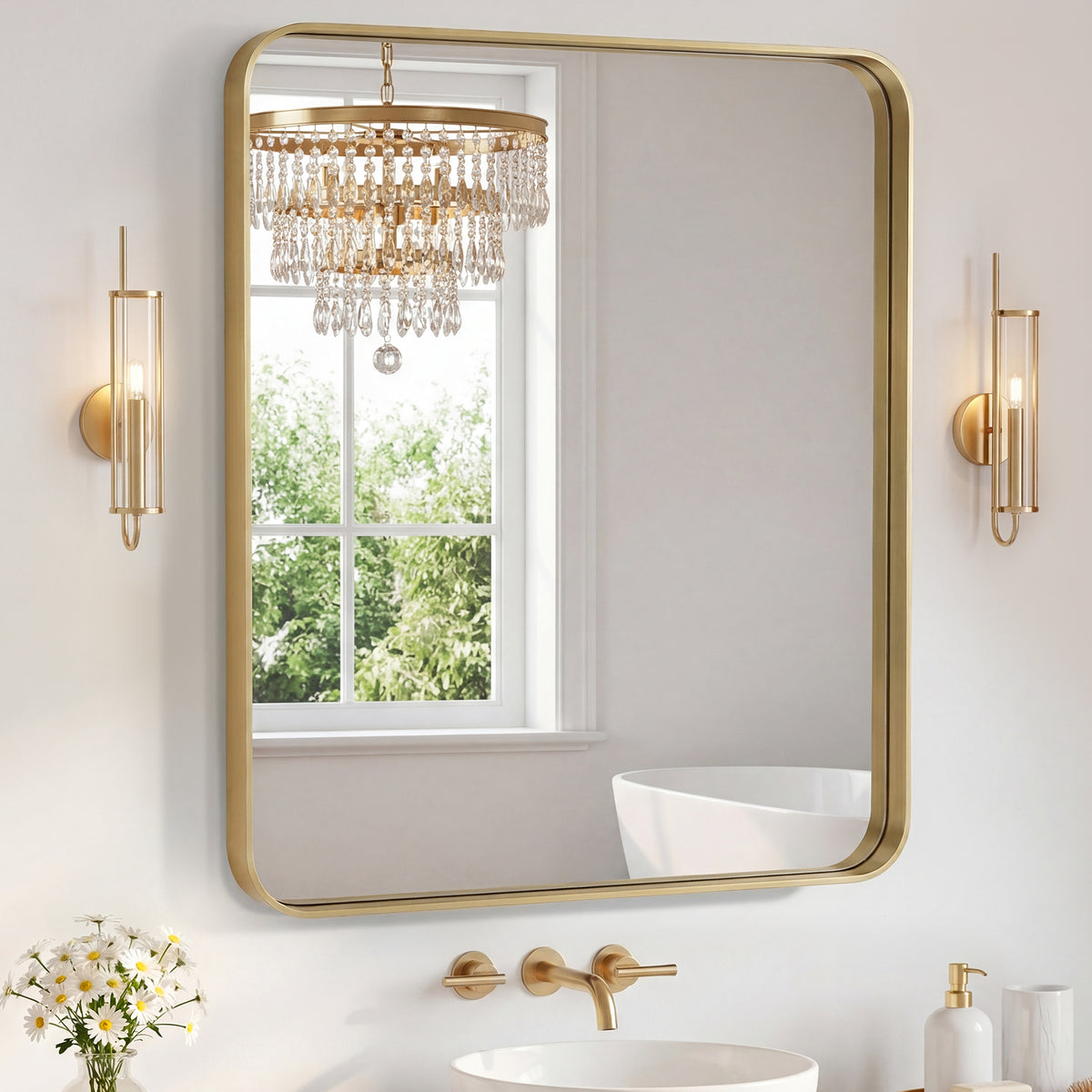 Rectangular bathroom mirror with rounded corners and metal frame — product view 8