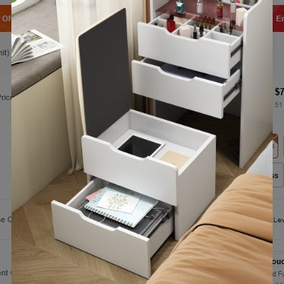 Small white vanity with glass desktop, storage and stool