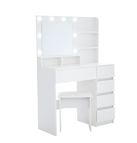 Makeup vanity with four drawers and open storage shelves