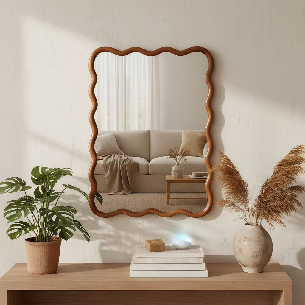 30x40 wavy solid wood bathroom mirror in a styled vanity setting
