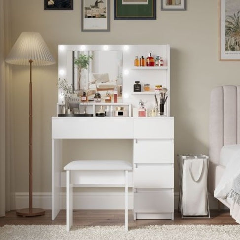 White makeup vanity with lighted mirror, power strip and stool