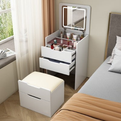 48cm white compact vanity desk with lighted flip-top mirror