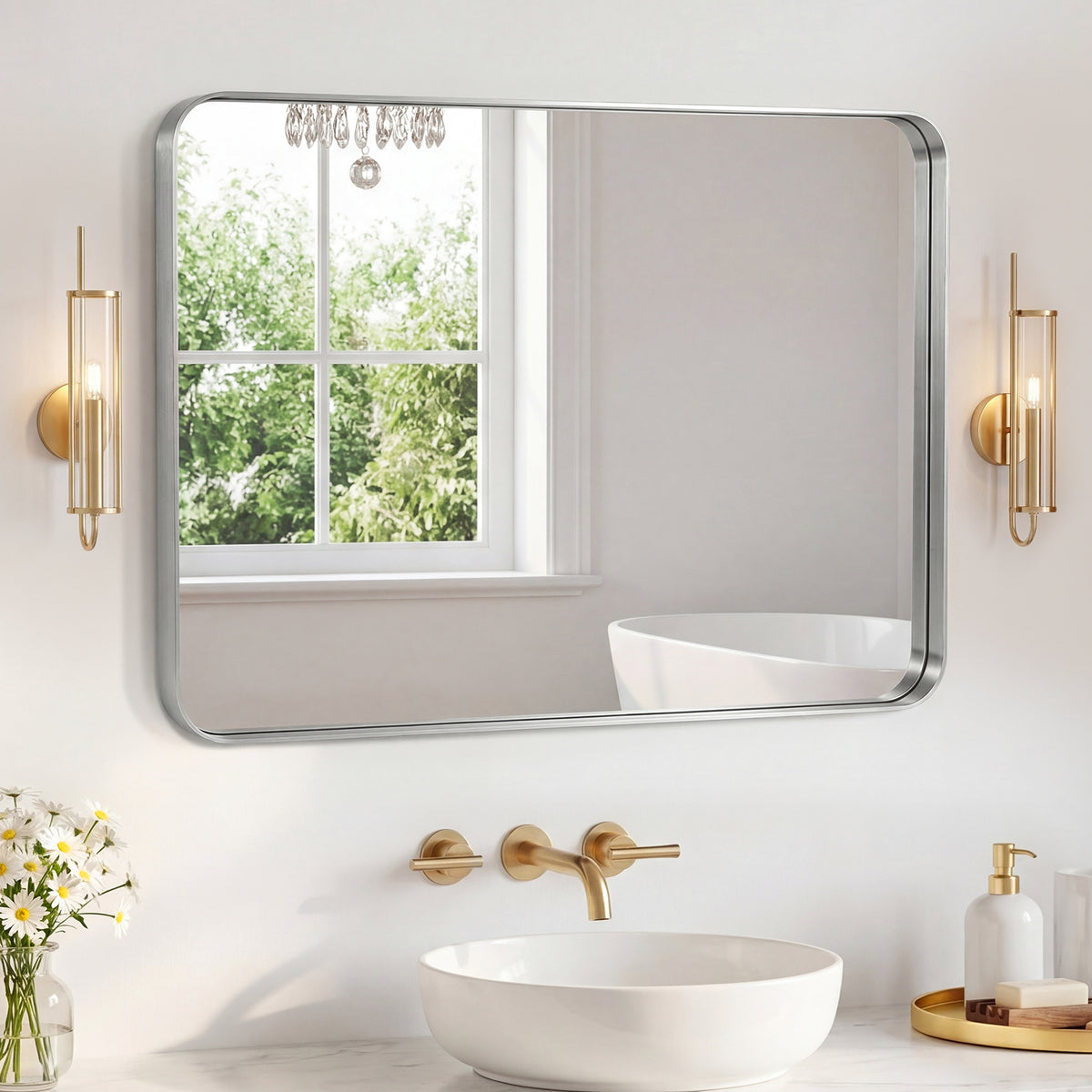 Rectangular bathroom mirror with rounded corners and metal frame — product view 12