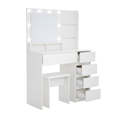 White bedroom vanity set with matching cushioned stool