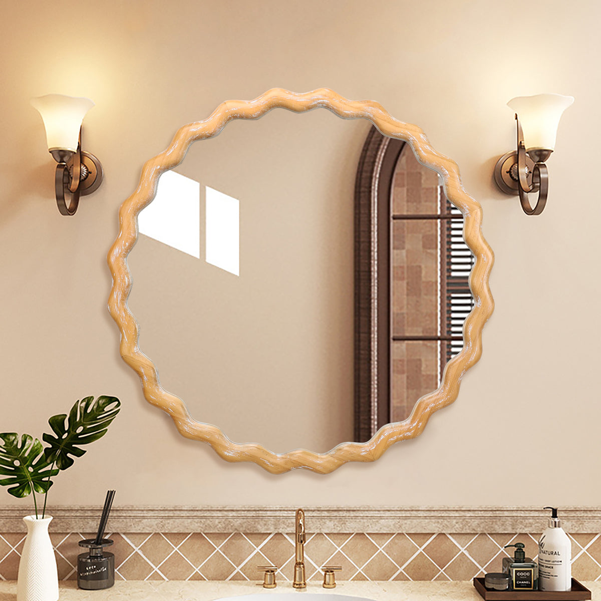 27.5-inch round wavy farmhouse wall mirror