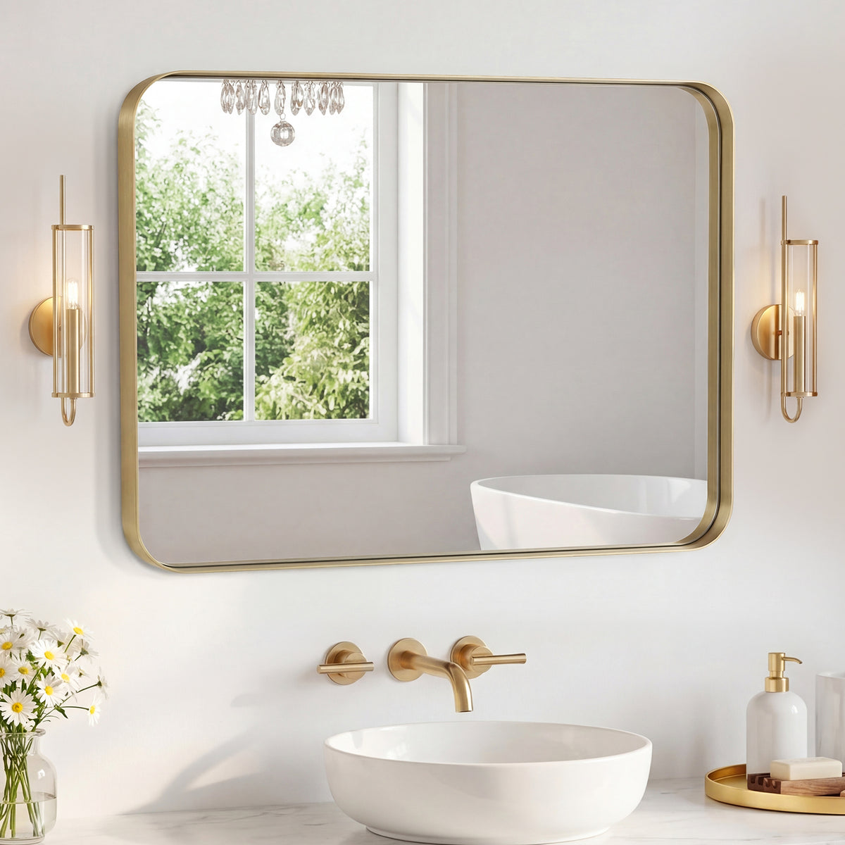 Rectangular bathroom mirror with rounded corners and metal frame — product view 3