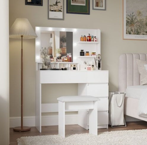 Vanity table storage drawers, shelves and hair dryer holder
