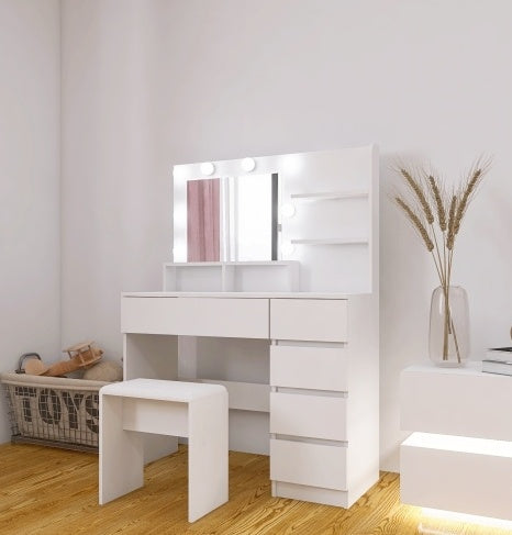 White vanity desk with built-in outlets and USB charging ports