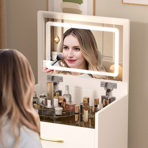 Flip-up mirror on compact three-drawer makeup vanity