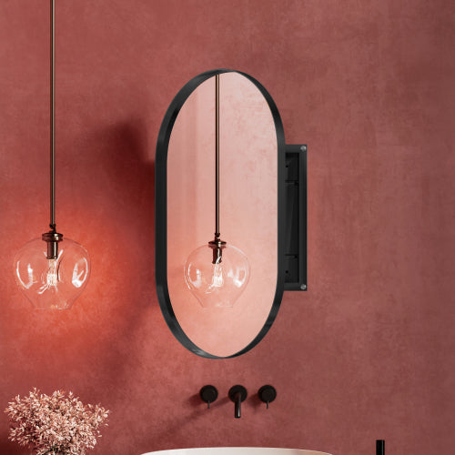Oval bathroom medicine cabinet with hidden storage