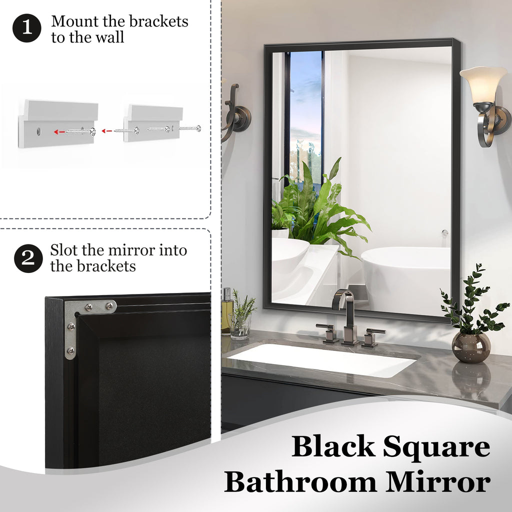40×30 black vanity mirror shown with mounting details
