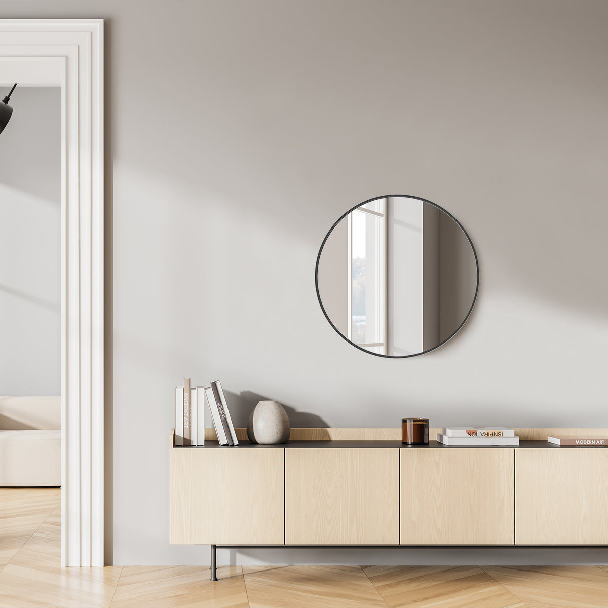 Round wall mirror side profile and frame detail